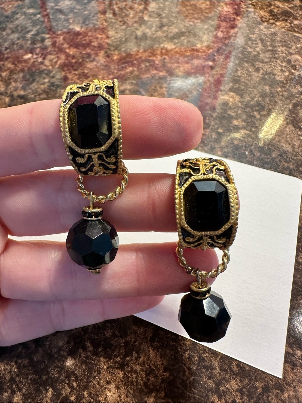 Vintage Black Faceted Crystal Dangle Clip-On Earrings Gold Tone Ornate Statement